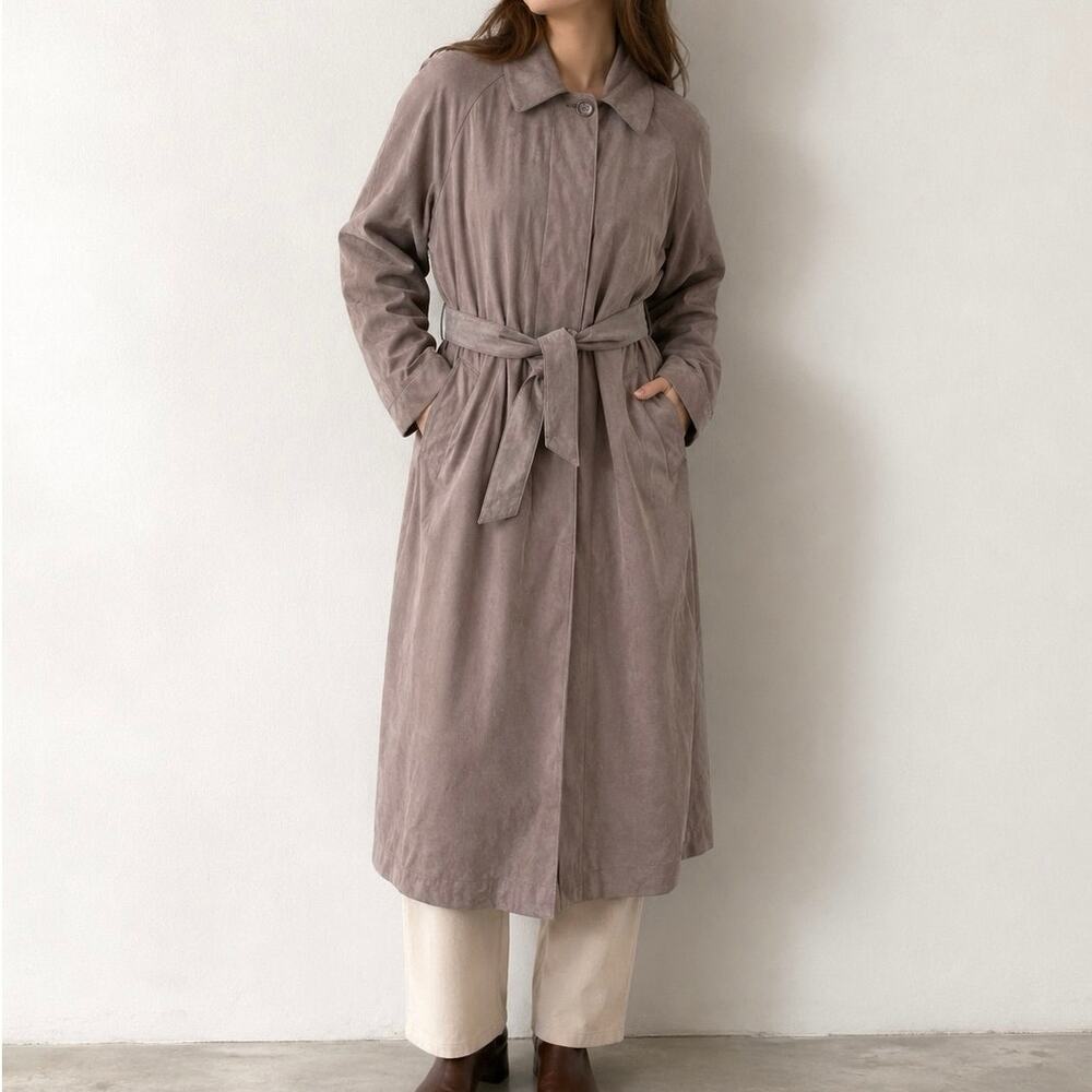 Vintage 90s London Fog Tan Faux Suede Belted Trench‎ Coat Women’s Size 6 Classic